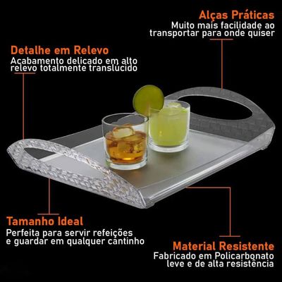 Kit 3 Bandejas Retangulares com Alças Transparente Crippa Servir Café Restaurante Bar