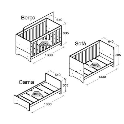Berço Multifuncional 3x1 + Cômoda Ditália 4 Gavetas BBI-51 DM-239 Riviera