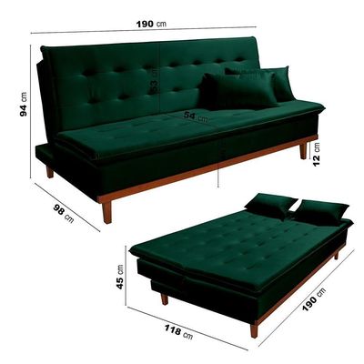Sofá Cama Reclinável Santorini Veludo Confortável Base De Madeira Verde 181
