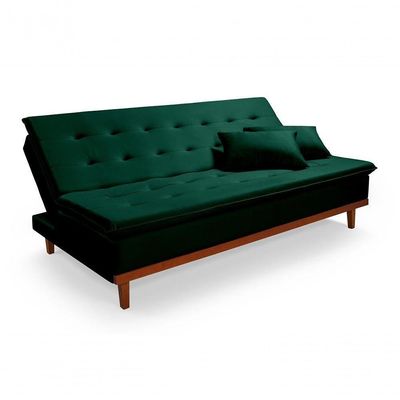 Sofá Cama Reclinável Santorini Veludo Confortável Base De Madeira Verde 181
