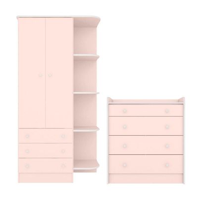 Conjunto Aurora Rosa Acetinado: Cômoda Aurora 4 Gavetas + Guarda-roupa Infantil Aurora 2 Portas