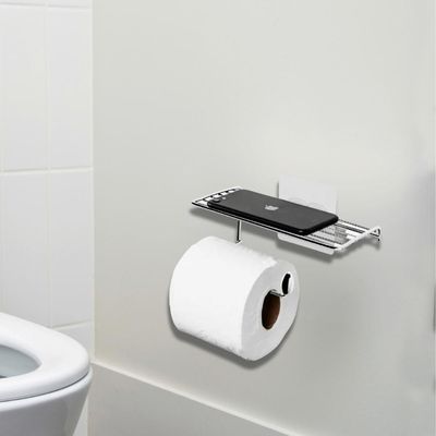 Porta Papel Higiênico com Suporte para Celular Aço Cromado de Parede Linha Fixação Adesiva Utimil