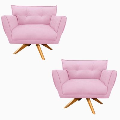 Kit 02 Poltronas Giratória Suede Base Madeira Rosa Bebê