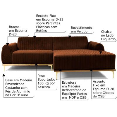 Sofá 3 Lugares com Chaise Base de Madeira Euro 245 Cm Telha
