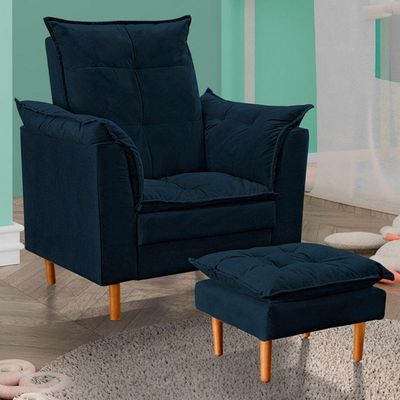 Poltrona De Amamentação Com Puff Quarto De Bebê Anny Suede Azul Marinho