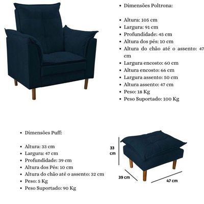 Poltrona De Amamentação Com Puff Quarto De Bebê Anny Suede Azul Marinho