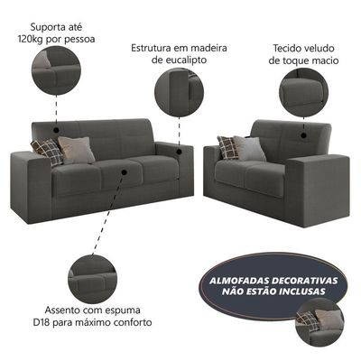 Conjunto De Sofá 2 E 3 Lugares Leon Veludo Mamflex Cinza
