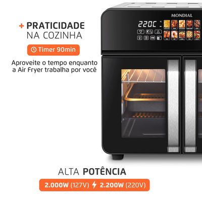 Air Fryer Forno 25L French Door Mondial Preto/Inox 2000W - AFDO-25L-FD 127V