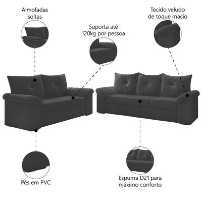 Conjunto De Sofá 2 E 3 Lugares Taurus Veludo Mamflex Cinza