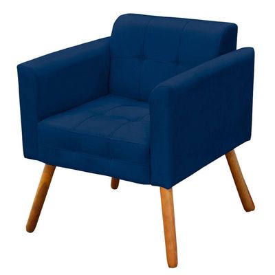 Poltrona Elisa Suede Azul Marinho Pés Palito Castanho