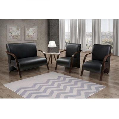 Kit 3 Peças Poltrona Braço Madeira Courino Preto