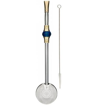Bomba de Chimarrão Inox 23cm Bojo Rosca Mil Furos Pedra Azul Escovinha Bortonaggio