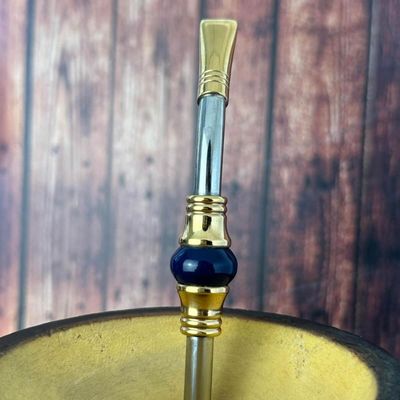 Bomba de Chimarrão Inox 23cm Bojo Rosca Mil Furos Pedra Azul Escovinha Bortonaggio