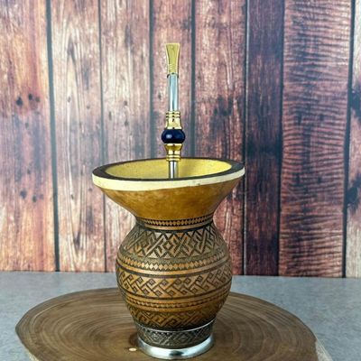 Bomba de Chimarrão Inox 23cm Bojo Rosca Mil Furos Pedra Azul Escovinha Bortonaggio