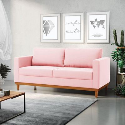 Sofá 03 Lugares Juliette Base Madeira Castanho Cor Rosa Bebê