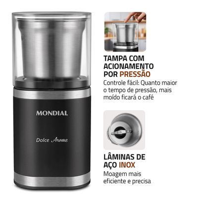 Moedor de Café Dolce Arome Mondial Preto/Inox 180W - MCF-01-BI 127V