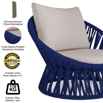 4 Poltrona Área Externa Monza Alumínio Pintura Corda Náutica Azul Marinho