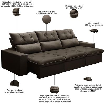Sofá Retrátil Reclinável Para Sala 4 Lugares 290cm Aires F04 Veludo Marrom Escuro - Lyam Decor