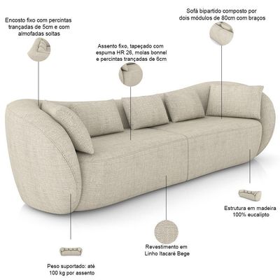 Sofá 3 Lugares Para Sala Living Orgânico 212cm Eça P08 Linho Itacaré Bege - Lyam Decor
