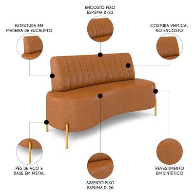 Sofá 2 Lugares 135cm Pés Aço Dourado Tamar Sintético Camel Z08 - Mpozenato