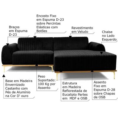 Sofá 4 Lugares com Chaise Base de Madeira Euro 265 Cm Preto
