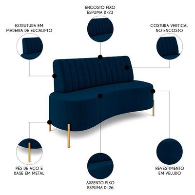 Sofá 2 Lugares 160cm Pés Aço Dourado Tamar Veludo Azul Z08 - Mpozenato