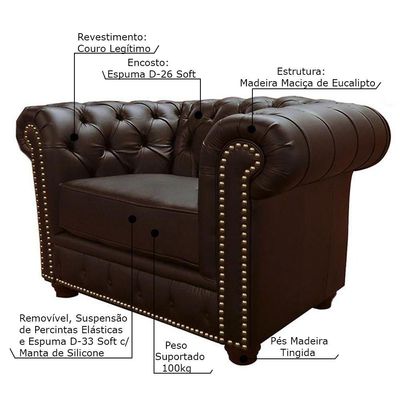 Poltrona Chesterfield com Pés Madeira Couro Capucino