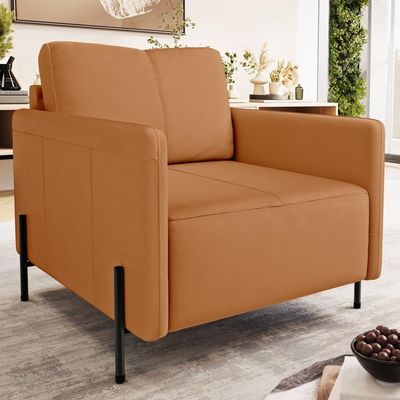 Poltrona Decorativa Para Sala Living Pés Industrial Domani L06 Couro Caramelo - Lyam Decor
