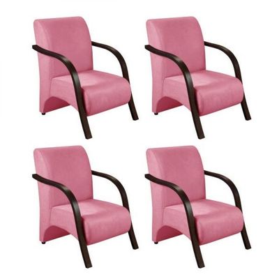 Kit 4 Poltronas 1 Lugar Sevilha Braço Pé Alumínio Suede Rosa
