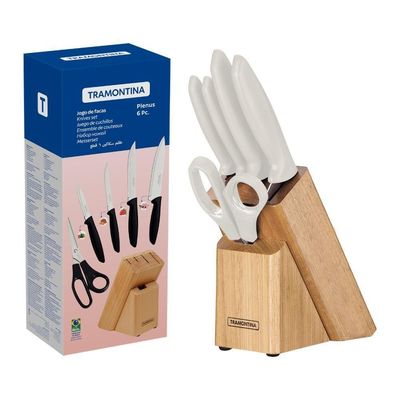 Jogo Facas Cozinha Cepo Cabo Branco 6pçs Plenus Tramontina