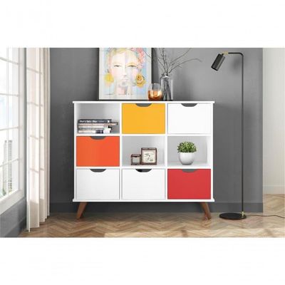 Conjunto Nicho Organizador Zuri 9 Espaços Retrô Branco + Kit 3 Gavetas Coloridas + Kit 3 Gavetas Brancas