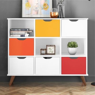 Conjunto Nicho Organizador Zuri 9 Espaços Retrô Branco + Kit 3 Gavetas Coloridas + Kit 3 Gavetas Brancas