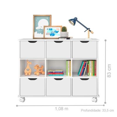 Conjunto Nicho Organizador Zuri 9 Espaços Com Rodízios Branco + 2 Kits 3 Gavetas Brancas
