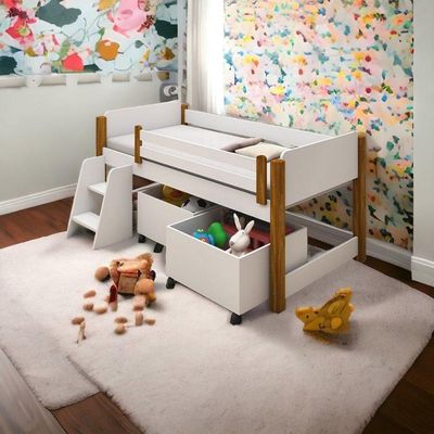 Cama Paty Branco-mel C- Colchão, 02 Nichos E Escadinha
