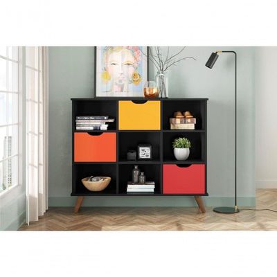 Conjunto Nicho Organizador Zuri 9 Espaços Retrô Preto + Kit 3 Gavetas Coloridas