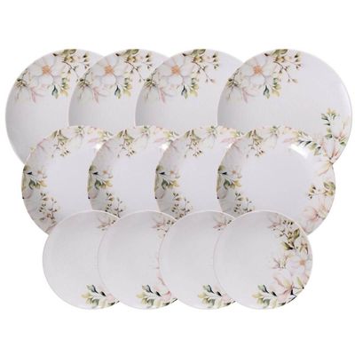 Jogo de Pratos 12 Peças Tramontina Magnólia Porcelana Decorada Fundos Rasos Sobremesa