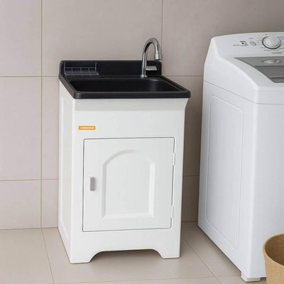 Tanque com Gabinete Lavar Roupas Preto 20L 46x43x93cm Armário Lavanderia Área de Serviço