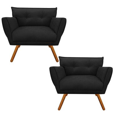 Kit 02 Poltronas Anitta Suede Preto Pés Palito Castanho