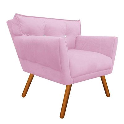 Poltrona Anitta Suede Rosa Bebê Com Strass Pés Castanho
