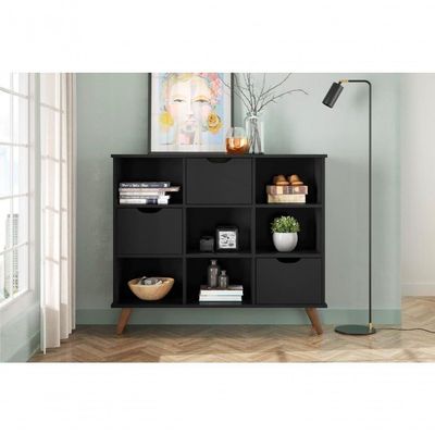 Conjunto Nicho Organizador Zuri 9 Espaços Retrô Preto + Kit 3 Gavetas Pretas
