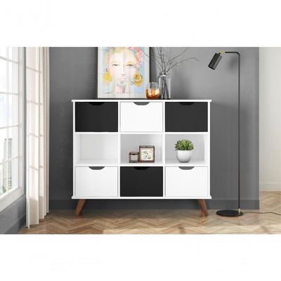Conjunto Nicho Organizador Zuri 9 Espaços Retrô Branco + Kit 3 Gavetas Brancas + Kit 3 Gavetas Pretas
