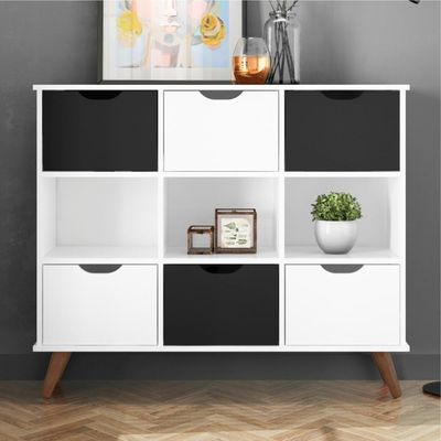 Conjunto Nicho Organizador Zuri 9 Espaços Retrô Branco + Kit 3 Gavetas Brancas + Kit 3 Gavetas Pretas