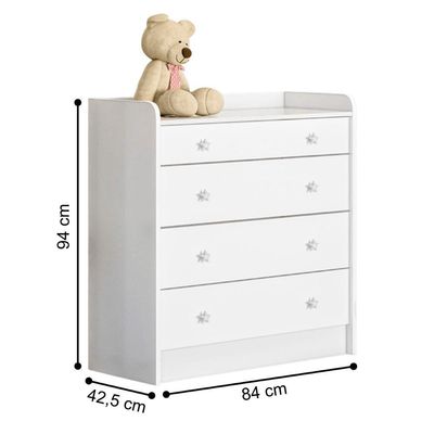 Conjunto Aurora Branco-branco: Cômoda Aurora 4 Gaveteiros + Guarda-roupa Aurora 2 Portas
