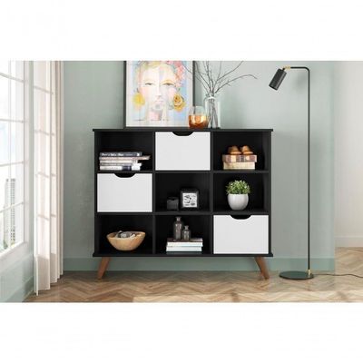 Conjunto Nicho Organizador Zuri 9 Espaços Retrô Preto + Kit 3 Gavetas Brancas
