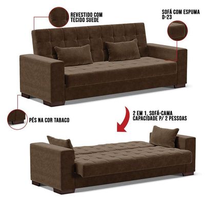 Sofá Cama 02 Lugares Lisboa Suede Pés De Madeira Cor Marrom