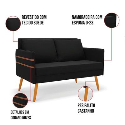 Namoradeira 02 Lugares Mari Suede Pés Palito Castanho - D'rossi Cor Preto