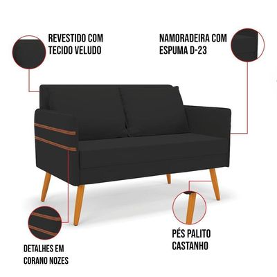 Kit 01 Namoradeira 02 Lugares E 01 Poltrona Mari Veludo Preto Pés Palito Castanho - D'rossi