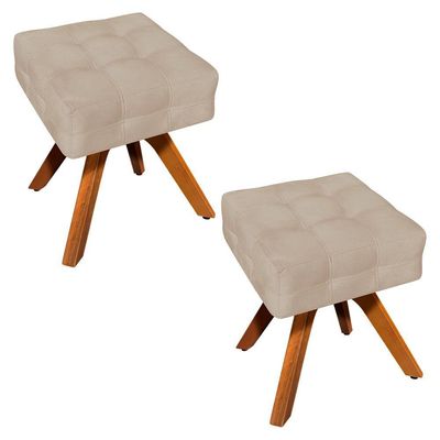 Kit 02 Puffs Giratório Elisa Suede Base Madeira Mm30 Bege