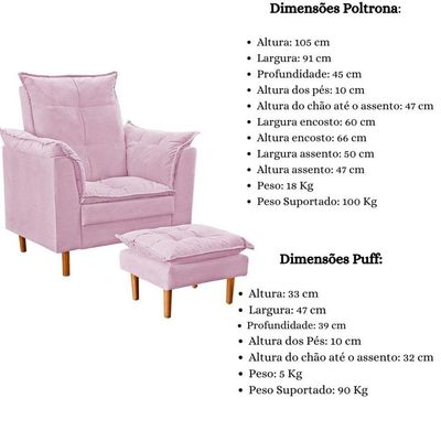 Poltrona De Amamentação Com Puff Quarto De Bebê Anny Suede Rosê