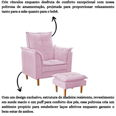 Poltrona De Amamentação Com Puff Quarto De Bebê Anny Suede Rosê
